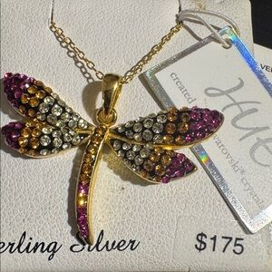 HUE Gold Dragonfly Necklace with Pink and Silver Crystals